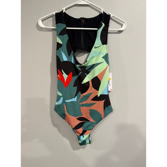 Nike Other - Nike Swimsuit Womens Small Black Green Swoosh Logo Keyhole Zipper Back One-Piece